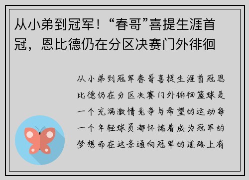 从小弟到冠军！“春哥”喜提生涯首冠，恩比德仍在分区决赛门外徘徊