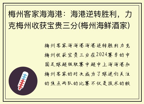 梅州客家海海港：海港逆转胜利，力克梅州收获宝贵三分(梅州海鲜酒家)