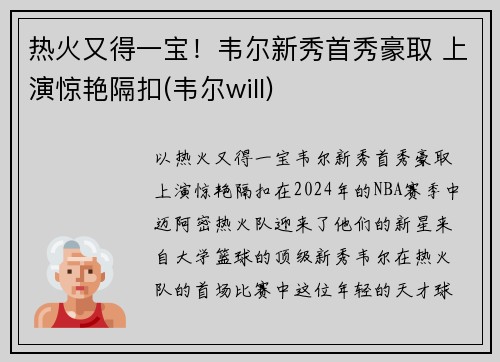 热火又得一宝！韦尔新秀首秀豪取 上演惊艳隔扣(韦尔will)